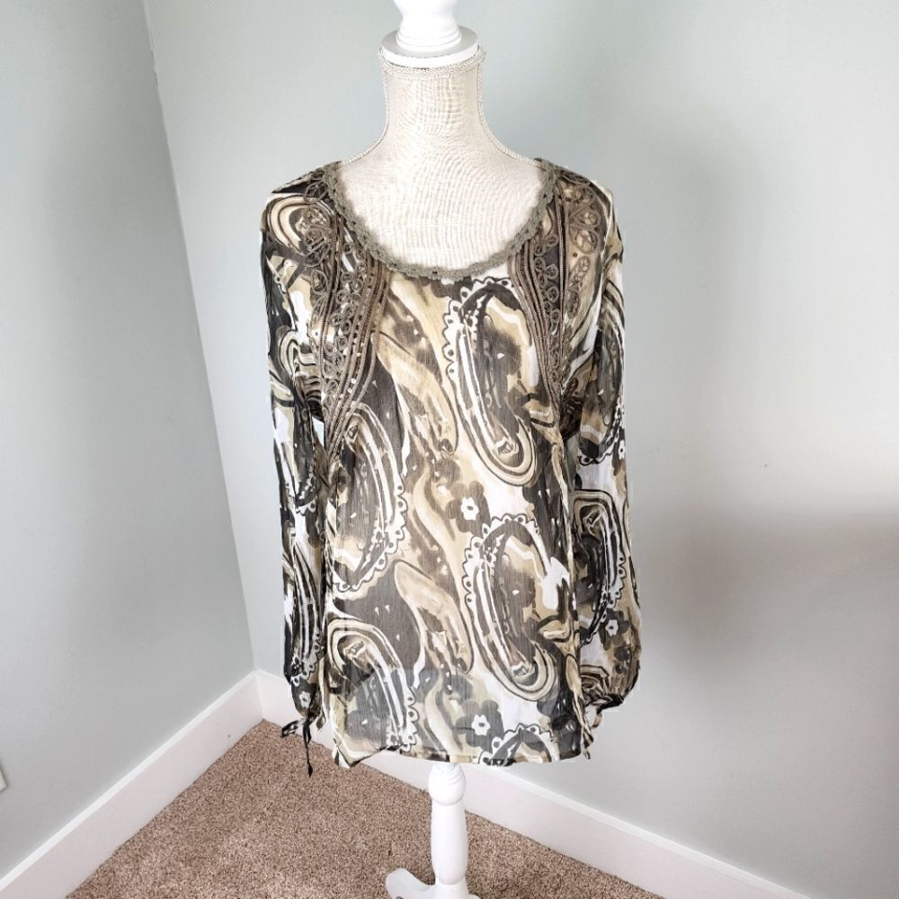 Tribal Women’s Sheer Black Green Ruffled Neckline Blouse Top Long Sleeve Size 14